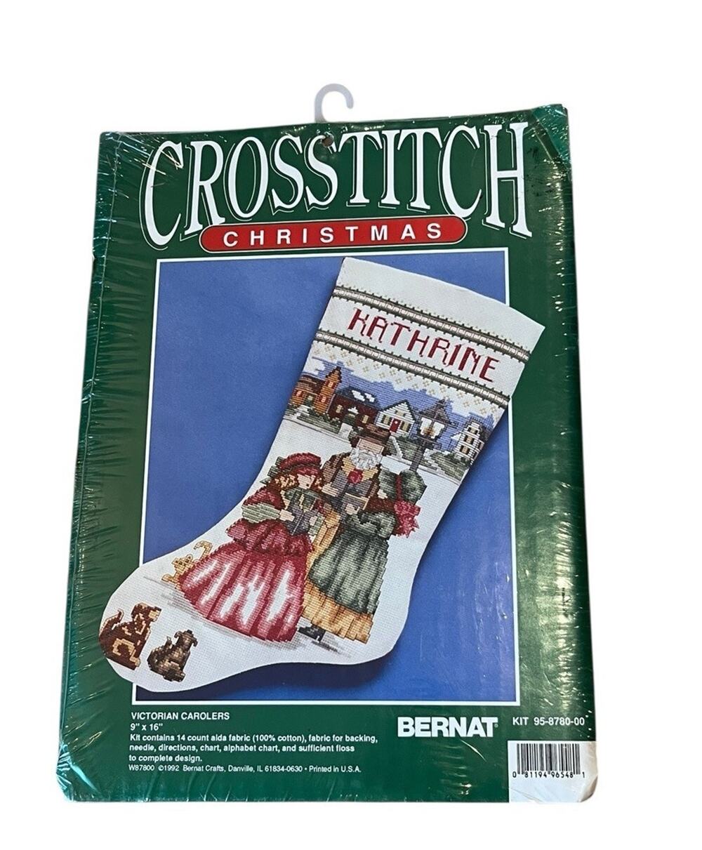 Vtg 1992 Bernat Cross Stitch Christmas Stocking Kit Victorian Carolers 9x16” USA